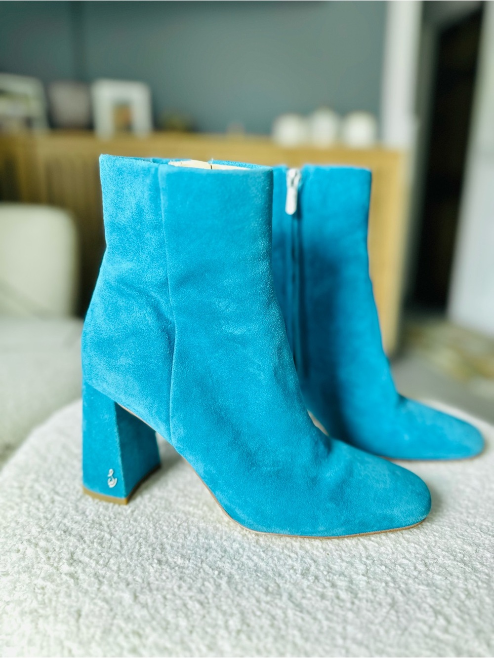 Sam Edelman Turquoise Teal Suede Ankle Boots Leather Block Heel Size 8